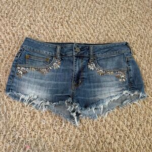 American Eagle Stretch Denim Shorts Womens 6 Jeweled Rhinestone Cutoff Low Rise